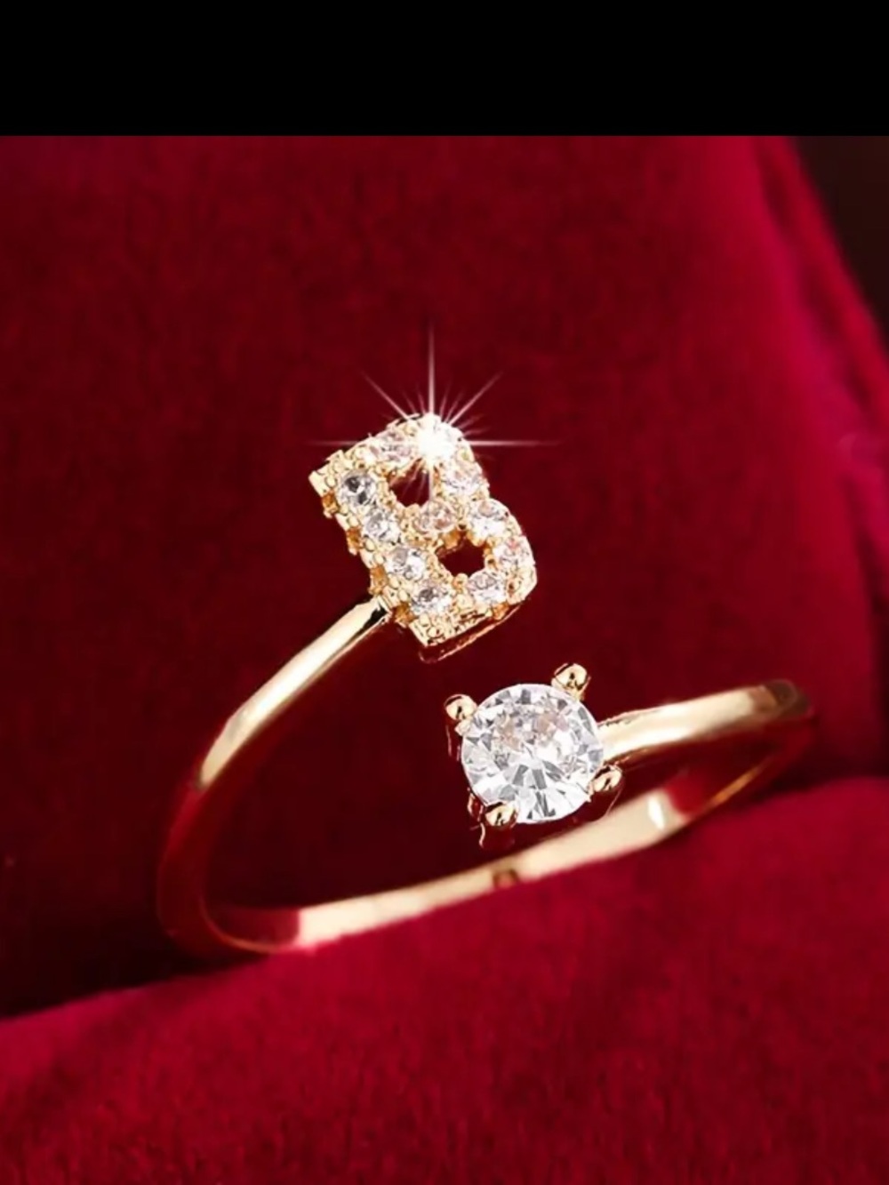 Golden 'B' Adjustable Initial Ring with Clear Crystal Accent - Women Jewelry